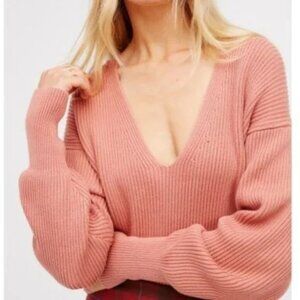 FREE‎ PEOPLE Allure Pullover Ribbed Sweater V Neck Pink